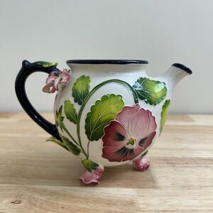 Blue Sky J‎ McCall 2005 Pansy Floral Ceramic Footed Teapot 3D